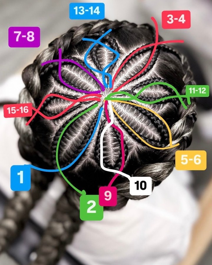 Ten isty uces s rozkreslenymi liniami, kadial vedu jednotlive braidy